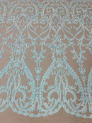 Heart Shape Sequins Fabric - Aqua on Nude - 4 Way Stretch Sequins Damask Fabric By Yard
