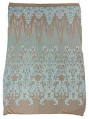 Fancy Damask Line Sequin - Aqua on Nude - 4 Way Stretch Sequins Damask Design Fabric Yard