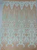 Fancy Damask Line Sequin - Aqua on Nude - 4 Way Stretch Sequins Damask Design Fabric Yard