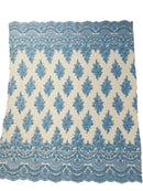 Flower Cluster Beaded Fabric - Baby Blue - Embroidered Beaded Layered Border Fabric Sold By Yard