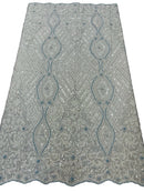 Elegant Damask Beaded Fabric - Baby Blue - Embroidered Floral Damask Net Fabric Sold By Yard