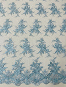 Plant Cluster Sequins Design - Baby Blue - Flower Sequins Embroidered Design on Tulle Sold By Yard