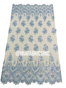 Floral Cluster Beaded Fabric - Baby Blue - Embroidered Fancy Fashion Design Beads and Sequins Sold by yard