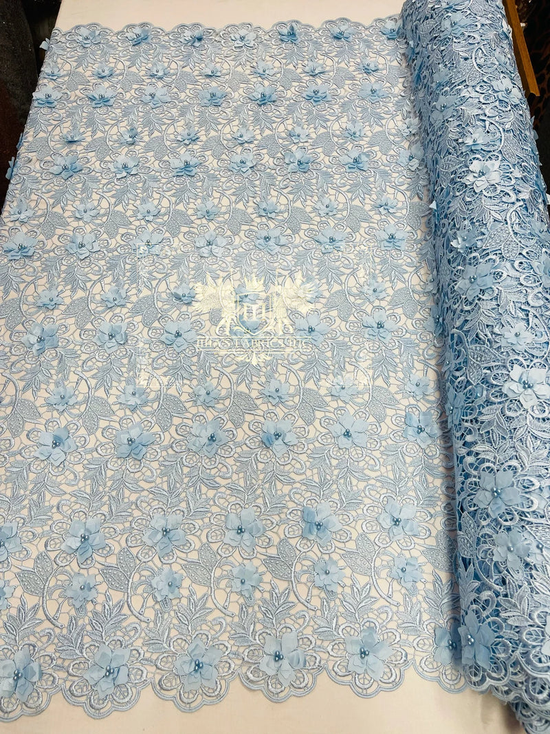 Guipure Lace Fabric - Baby Blue - Floral Bridal Guipure Lace with Pearls Sold by the Yard