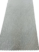 Wild Grass Beaded Fabric - Baby Blue - Embroidered Wavy Grass Pattern Fabric Sold By Yard