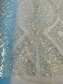 Zig Zag Lines Diamond Shape Fabric - Baby Blue - Embroidered Glamorous Design on Mesh Sold By The Yard