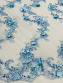 Flower Sequin Cluster Design - Baby Blue - Sequins Embroidered Floral Design on Tulle Sold By Yard