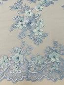 3D Rose Plant Fabric - Baby Blue - Embroidered Flower Design Rose Fabric Sold by Yard