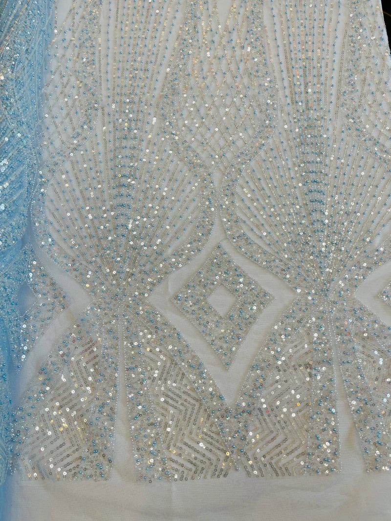 Zig Zag Lines Diamond Shape Fabric - Baby Blue - Embroidered Glamorous Design on Mesh Sold By The Yard
