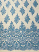 Flower Cluster Beaded Fabric - Baby Blue - Embroidered Beaded Layered Border Fabric Sold By Yard