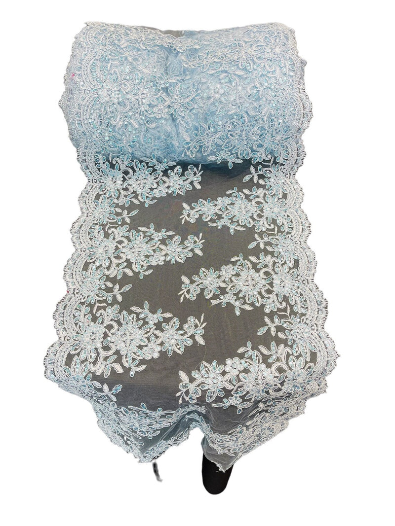 Floral Sequins Cluster Design - Baby Blue - 14" Embroidered Floral Design Table Runner Sold By Yard