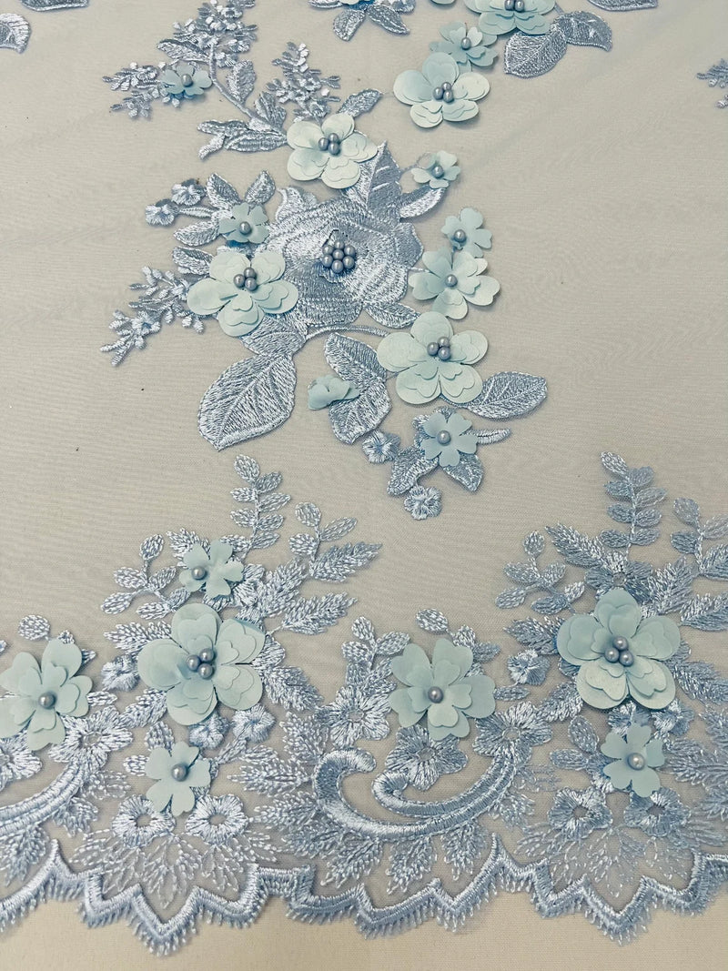 3D Rose Plant Fabric - Baby Blue - Embroidered Flower Design Rose Fabric Sold by Yard