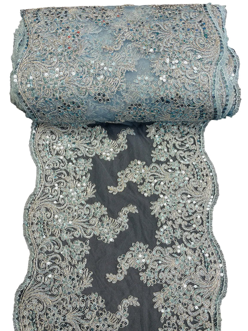 14" Metallic Floral Pattern Lace Table Runner -  Baby Blue - Floral Table Runner for Event Decoration