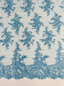 Floral Cluster Lace Fabric - Baby Blue - Embroidered Flowers With Sequins on a Mesh Lace Fabric Sold By Yard