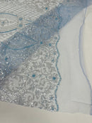 Elegant Damask Beaded Fabric - Baby Blue - Embroidered Floral Damask Net Fabric Sold By Yard