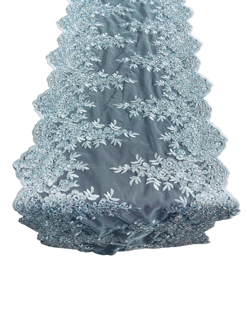 14" Flowers Design Metallic Lace Table Runner - Baby Blue - Fancy Table Runner for Event Decoration