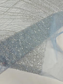 Wild Grass Beaded Fabric - Baby Blue - Embroidered Wavy Grass Pattern Fabric Sold By Yard