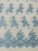 Plant Cluster Sequins Design - Baby Blue - Flower Sequins Embroidered Design on Tulle Sold By Yard
