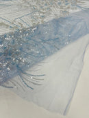 Flower Lines Fashion Design Fabric - Baby Blue - Embroidered Floral Beads and Sequins Sold By Yard