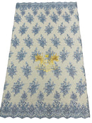 Beaded Flower Sequins Fabric - Baby Blue - Embroidery With Beads and Sequin on a Mesh Sold By Yard
