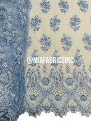 Floral Cluster Beaded Fabric - Baby Blue - Embroidered Fancy Fashion Design Beads and Sequins Sold by yard
