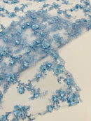 Flower Sequin Cluster Design - Baby Blue - Sequins Embroidered Floral Design on Tulle Sold By Yard