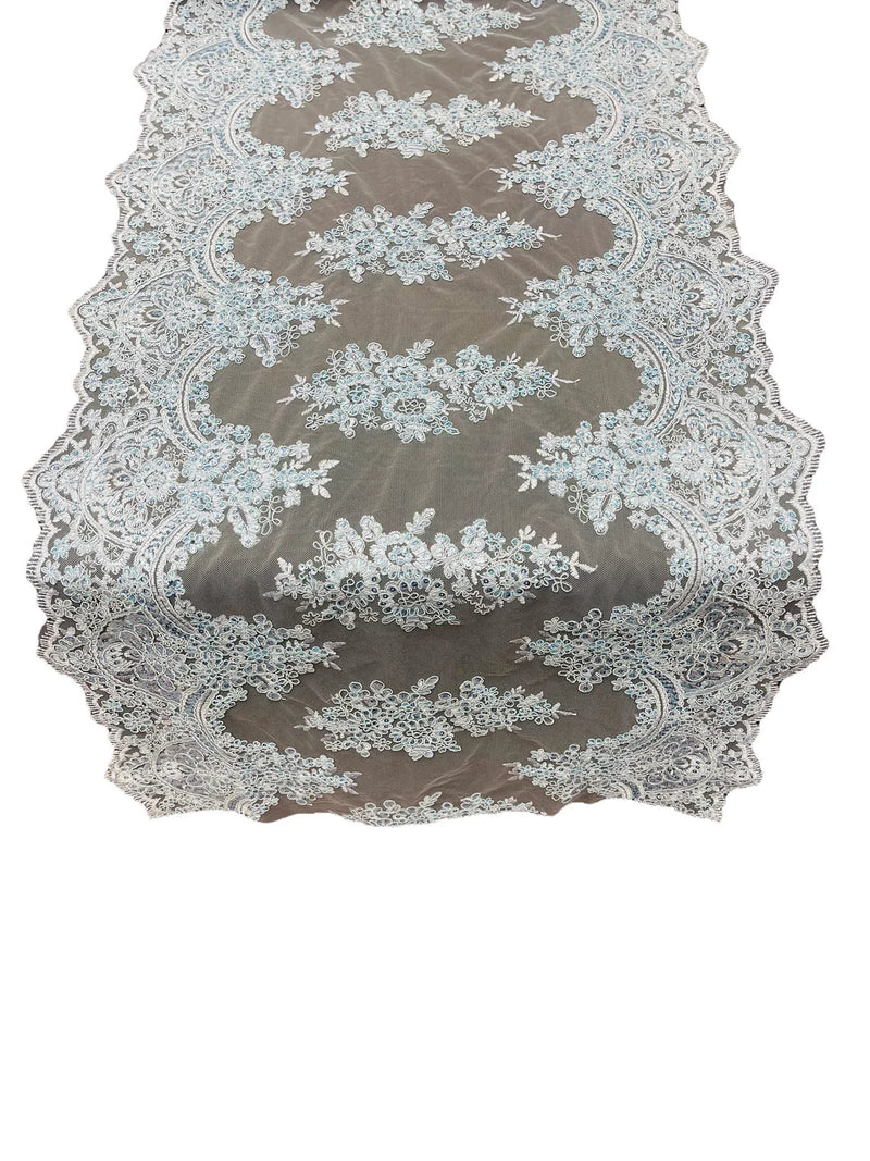21" Wide Floral Metallic Pattern Lace Table Runner - Baby Blue - Metallic Table Runner Sold By Yard