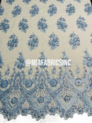Floral Cluster Beaded Fabric - Baby Blue - Embroidered Fancy Fashion Design Beads and Sequins Sold by yard