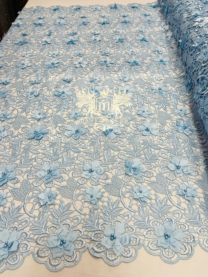 Guipure Lace Fabric - Baby Blue - Floral Bridal Guipure Lace with Pearls Sold by the Yard