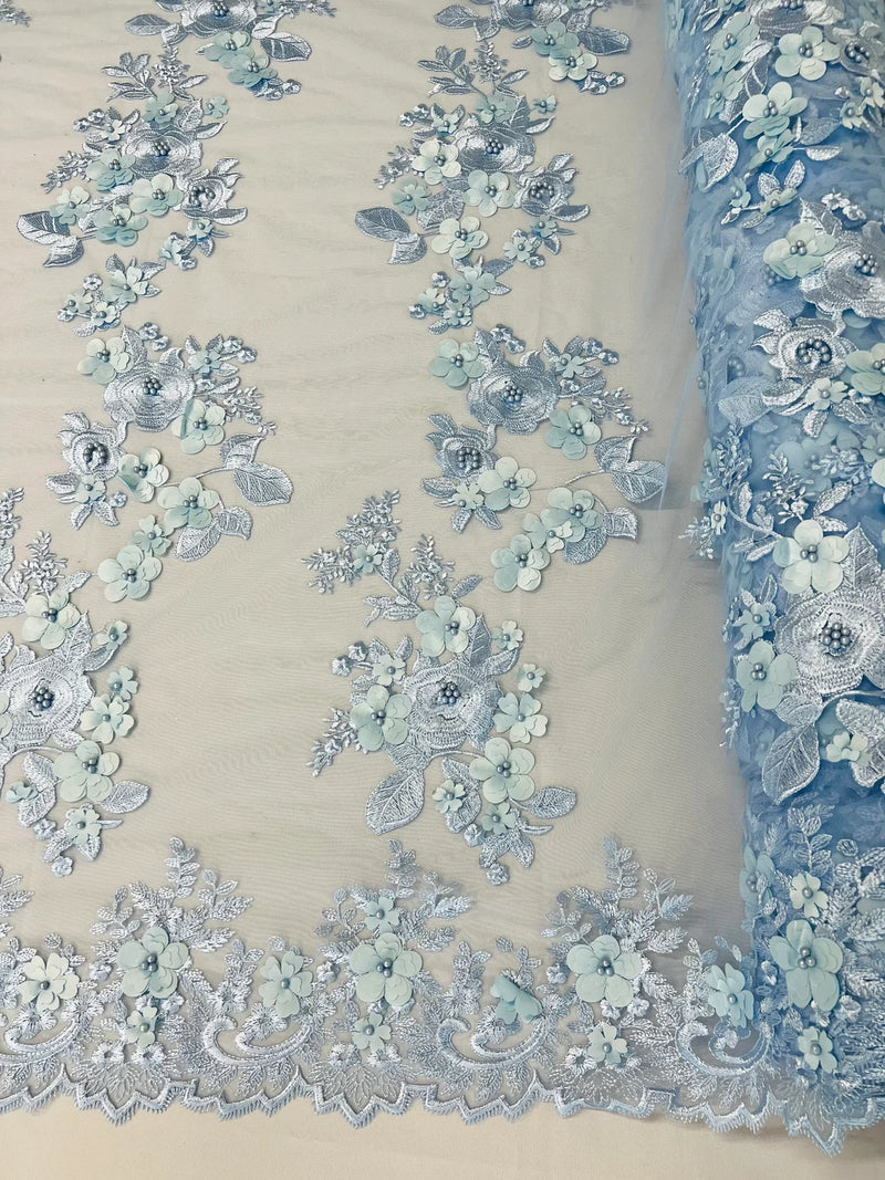 3D Rose Plant Fabric - Baby Blue - Embroidered Flower Design Rose Fabric Sold by Yard