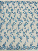 Flower Sequin Cluster Design - Baby Blue - Sequins Embroidered Floral Design on Tulle Sold By Yard