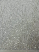 Wild Grass Beaded Fabric - Baby Blue - Embroidered Wavy Grass Pattern Fabric Sold By Yard