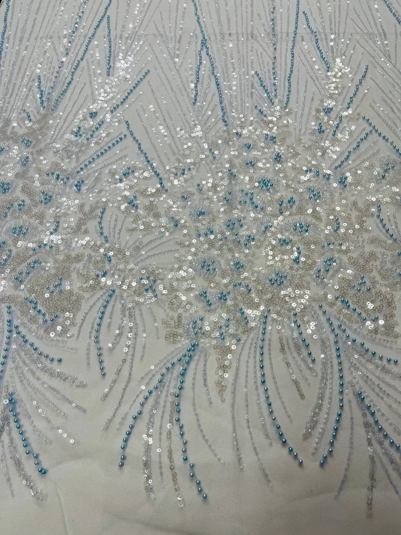 Flower Lines Fashion Design Fabric - Baby Blue - Embroidered Floral Beads and Sequins Sold By Yard