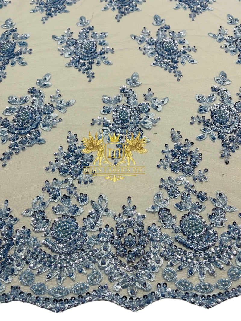 Beaded Flower Sequins Fabric - Baby Blue - Embroidery With Beads and Sequin on a Mesh Sold By Yard