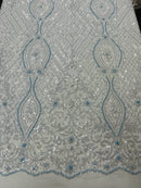 Elegant Damask Beaded Fabric - Baby Blue - Embroidered Floral Damask Net Fabric Sold By Yard