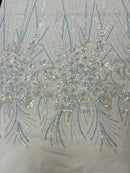 Flower Lines Fashion Design Fabric - Baby Blue - Embroidered Floral Beads and Sequins Sold By Yard