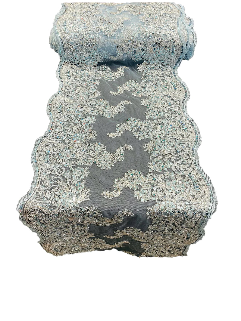 14" Metallic Floral Pattern Lace Table Runner -  Baby Blue - Floral Table Runner for Event Decoration