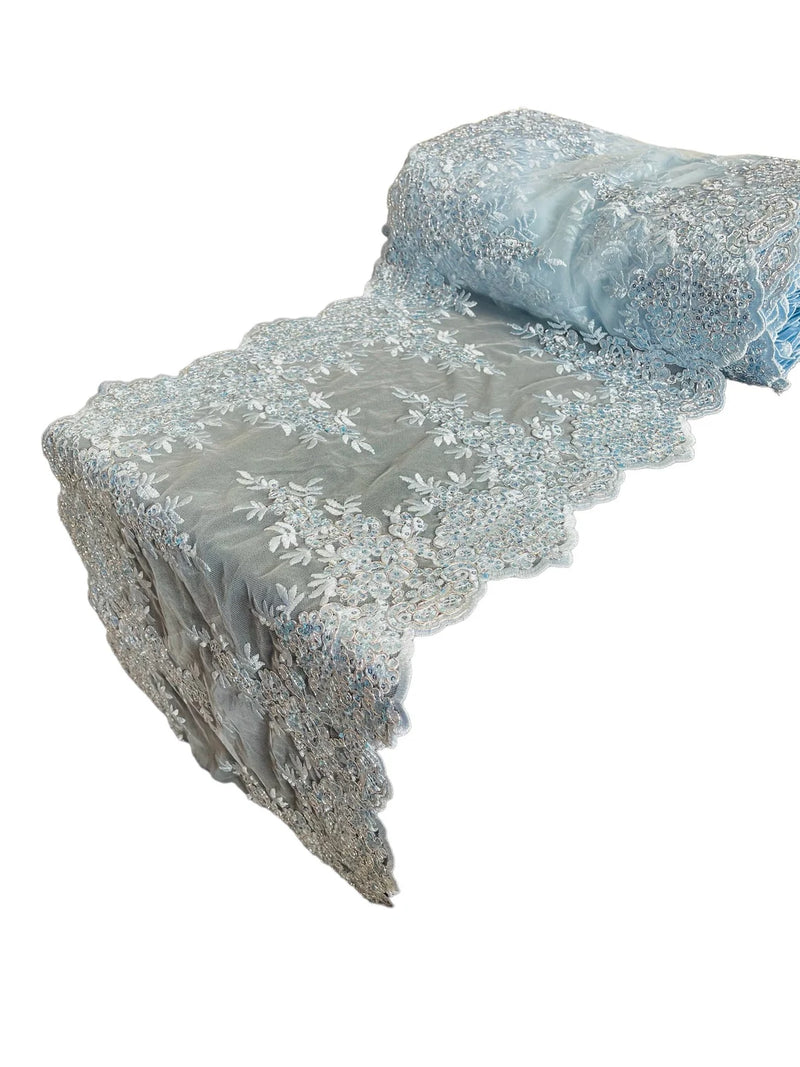 14" Flowers Design Metallic Lace Table Runner - Baby Blue - Fancy Table Runner for Event Decoration