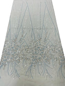 Flower Lines Fashion Design Fabric - Baby Blue - Embroidered Floral Beads and Sequins Sold By Yard