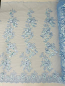 3D Rose Plant Fabric - Baby Blue - Embroidered Flower Design Rose Fabric Sold by Yard