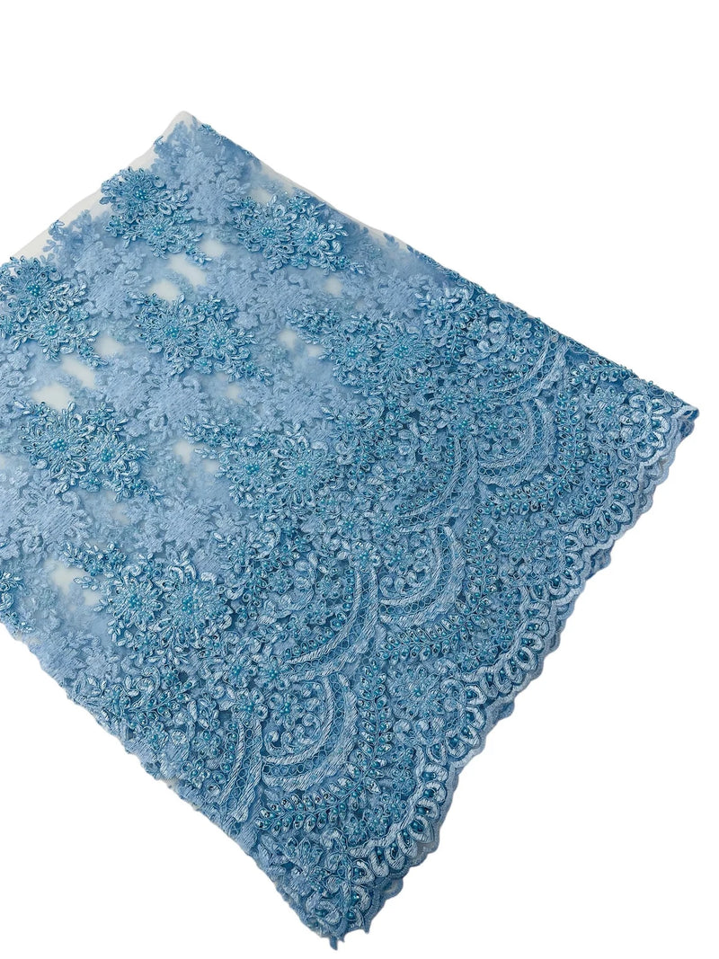 Flower Cluster Beaded Fabric - Baby Blue - Embroidered Beaded Layered Border Fabric Sold By Yard