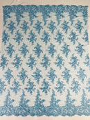 Floral Cluster Lace Fabric - Baby Blue - Embroidered Flowers With Sequins on a Mesh Lace Fabric Sold By Yard