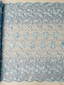 3D Triangle Floral Pearl Fabric - Baby Blue - 3D Embroidered Floral Design on Lace Mesh By Yard