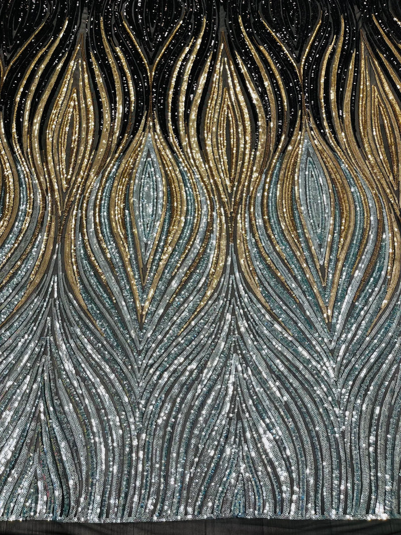 Three Tone Feather Fabric - Black/Gold/Silver - 4 Way Stretch Embroidered Sequins By Yard