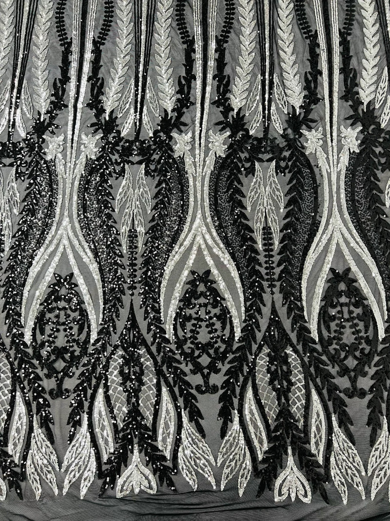 Two Tone Mermaid Fabric - Black / Silver - 4 Way Stretch Sequins Fabric on Mesh By Yard