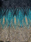 Three Tone Feather Fabric - Black/Turquoise/Silver - 4 Way Stretch Embroidered Sequins By Yard