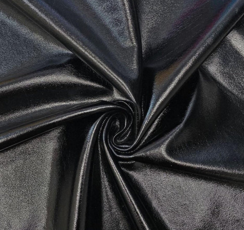 Spandex Metallic Foil Fabric - Black - Lame Metallic Shiny Fabric 2 Way Stretch Sold By Yard