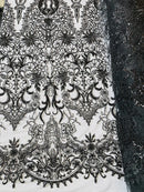 Damask Beaded Pattern Fabric - Black - Embroidered Beaded Bridal Applique Fabric Sold By The Yard