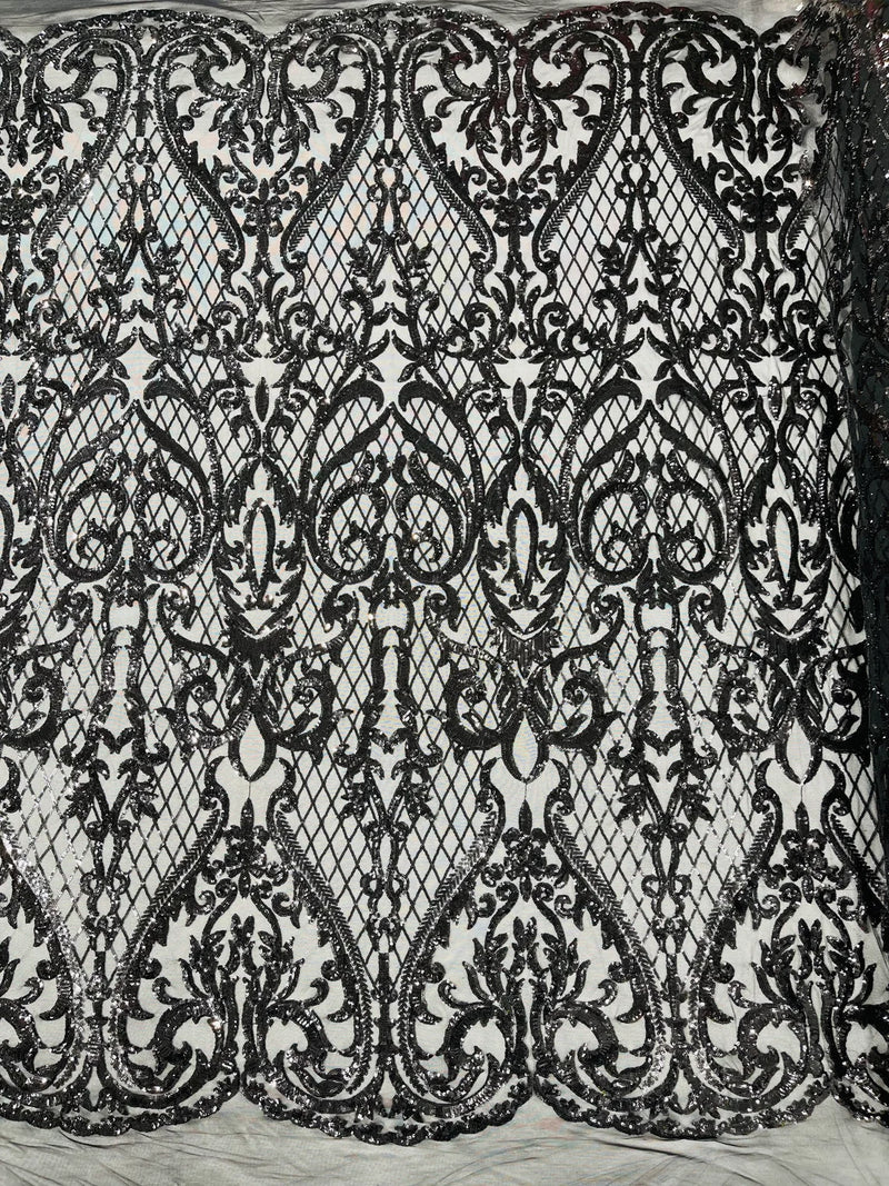 Heart Shape Sequins Fabric - Black - 4 Way Stretch Sequins Damask Fabric By Yard