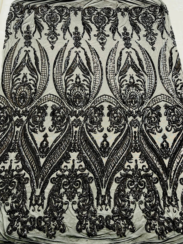 Damask Sequins - Black - Damask Sequin Design on 4 Way Stretch Fabric By Yard